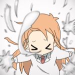  &gt;_&lt; 1girl blurry blurry_foreground closed_eyes coat collared_shirt commentary floating_hair komugiko lab_coat long_hair long_sleeves lowres necktie nichijou orange_hair outstretched_arms professor_shinonome red_necktie shirt simple_background sneezing snot solo splashing spread_arms white_background white_coat white_shirt 