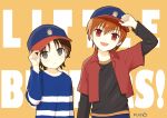  2boys :d aged_down animal_print black_eyes black_shirt blue_headwear blue_shirt blush brown_eyes brown_hair cat_print closed_mouth commentary copyright_name hair_between_eyes hand_on_headwear hand_up hat head_tilt kinkooo333 little_busters! long_sleeves looking_at_viewer multiple_boys naoe_riki natsume_kyousuke open_clothes open_mouth open_shirt orange_background peaked_cap red_shirt shirt short_hair short_sleeves signature simple_background smile upper_body 