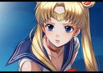  1girl azami_datto bishoujo_senshi_sailor_moon blonde_hair blue_eyes blue_sailor_collar breasts choker cleavage collarbone commentary_request crescent crescent_earrings derivative_work diadem double_bun earrings heart heart_choker highres jewelry letterboxed lips long_hair red_choker sailor_collar sailor_moon sailor_moon_redraw_challenge sailor_senshi sailor_senshi_uniform screencap_redraw solo tsukino_usagi twintails upper_body 