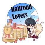  1boy 1girl ahoge akamatsu_kaede black_hair blonde_hair brown_eyes chibi cloud danganronpa_(series) danganronpa_v3:_killing_harmony english_text hair_between_eyes heart highres kiss long_hair one_eye_closed pink_vest red_skirt saihara_shuichi skirt train unyull_(qkralsrudchlrh) vest 