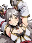  1girl animal_ears arms_up blush breasts brown_eyes chest_jewel detached_sleeves facial_mark gloves grey_hair highres kame_0_0_kame long_hair nia_(blade)_(xenoblade) nia_(xenoblade) small_breasts smile white_background white_gloves xenoblade_chronicles_(series) xenoblade_chronicles_2 