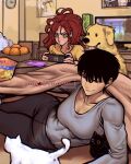  2girls animal_focus ayaki_blade black_cat black_hair body_freckles breasts cameo casual cat cleavage commentary covered_abs dog english_commentary food freckles fruit green_eyes highres kotatsu living_room long_hair mandarin_orange messy_hair multiple_girls nintendo_switch original pixie_cut red-haired_girl_(ayaki_blade) red_hair short_hair smile solo_focus table television tomoka_(ayaki_blade) under_kotatsu under_table white_cat 