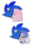  1boy animal_ears animal_nose blanket chaosrice closed_eyes closed_mouth commentary corrupted_twitter_file curled_up english_commentary furry furry_male gloves highres lying male_focus multiple_views no_shoes on_side simple_background sleeping smile socks solo sonic_(series) sonic_the_hedgehog tail white_background white_gloves white_socks 