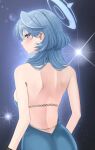  1girl absurdres ako_(blue_archive) ako_(dress)_(blue_archive) ass backless_dress backless_outfit bare_shoulders blue_archive blue_dress blue_eyes blue_hair blue_halo commentary dress from_behind hairband halo highres looking_at_viewer looking_back night night_sky official_alternate_costume pinku_life sky solo star_(sky) starry_sky 