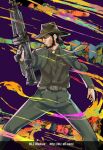  1boy beard belt black_hair black_jacket black_shirt blz circle_name closed_mouth cowboy_shot facial_hair fedora from_side gun hat holding holding_gun holding_weapon jacket jigen_daisuke legs_apart long_sleeves lupin_iii necktie rifle shirt sideburns solo standing weapon web_address yellow_necktie 