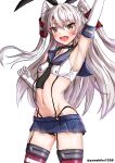  1girl amatsukaze_(kancolle) armpits black_hairband black_neckerchief black_panties blue_sailor_collar blue_skirt blush breasts brown_eyes commentary_request cosplay cowboy_shot crop_top elbow_gloves gloves grey_hair hairband highleg highleg_panties highres kantai_collection looking_at_viewer microskirt mizuki_(uzuki_no_sato) neckerchief open_mouth panties sailor_collar shimakaze_(kancolle) shimakaze_(kancolle)_(cosplay) skirt striped_clothes striped_thighhighs thighhighs two_side_up underwear white_gloves zettai_ryouiki 