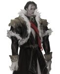  1boy arms_at_sides belt black_coat brown_hair coat commentary cowboy_shot emet-selch english_commentary epaulettes final_fantasy final_fantasy_xiv frown fur-trimmed_coat fur_trim garlean gloves long_sleeves looking_at_viewer male_focus mature_male multicolored_hair no_lineart painterly red_sash sash shawnstaw short_hair simple_background solo standing third_eye two-tone_hair white_background white_gloves white_hair yellow_eyes 
