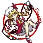  1girl aldaris ascot blonde_hair bloomers character_name collared_shirt flandre_scarlet frilled_skirt frills from_side full_body hat laevatein_(touhou) light_smile looking_at_viewer looking_to_the_side mary_janes medium_hair mob_cap multicolored_wings one_side_up puffy_sleeves red_eyes red_footwear red_skirt red_vest shirt shoes simple_background skirt socks solo touhou vest white_background white_bloomers white_headwear white_shirt white_socks wings yellow_ascot 