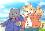  2020 anthro black_body black_fur clothing cute_fangs domestic_cat duo felid feline felis fur headphones hoodie humanoid_hands kemono kota&acute; kuehiko_roshihara male mammal outside shirt slightly_chubby tapio_chatarozawa topwear working_buddies! 