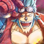  1boy adjusting_goggles blue_hair chinese_commentary collarbone commentary_request english_commentary franky_(one_piece) goggles goggles_on_head highres kirin_13 long_sideburns looking_at_viewer male_focus mixed-language_commentary one_piece open_mouth short_hair sideburns smile solo spiked_hair teeth 