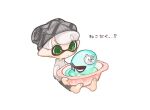  1boy barefoot beanie closed_mouth green_eyes grey_headwear hat inkling_boy inkling_player_character octopus pointy_ears short_hair simple_background sitting spl8ya splatoon_(series) tentacle_hair translation_request white_background white_hair 