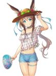  1girl amiya_(arknights) animal_ears arknights arm_up bare_shoulders blue_eyes blue_ribbon blue_shorts brown_hair bunny_ears choker cowboy_shot crop_top crop_top_overhang ears_through_headwear eyewear_on_headwear fan flower frilled_shirt frills grin hat hat_flower long_hair looking_at_viewer midriff multiple_rings off-shoulder_shirt off_shoulder plaid plaid_shirt ponytail red_flower ribbon shirt short_shorts short_sleeves shorts simple_background smile solo stomach straw_hat sunglasses thigh_strap thighs white_background white_shirt yoruhachi 
