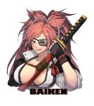  1girl baiken big_hair black_kimono breasts cleavage ebi_pri_shrimp eyepatch facial_tattoo guilty_gear guilty_gear_xrd japanese_clothes katana kimono large_breasts long_hair looking_at_viewer multicolored_clothes multicolored_kimono one-eyed open_clothes open_kimono pink_hair ponytail red_eyes samurai scar scar_across_eye sword tassel tattoo weapon 