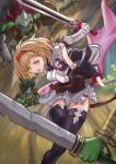  1girl 3others absurdres armor armored_gloves battle belt black_corset black_footwear black_gloves blonde_hair blurry blurry_background boots breasts charging_forward collared_dress colored_skin corset djeeta_(granblue_fantasy) dress fighting frilled_dress frills gloves goblin granblue_fantasy granblue_fantasy:_relink green_skin hairband helmet highres holding holding_shield holding_sword holding_weapon medium_breasts multiple_others open_mouth partially_fingerless_gloves pauldrons pink_sash red_hairband sash scabbard sheath shield short_hair shoulder_armor sword tatsumi_yashiro thigh_boots weapon white_dress yellow_eyes zettai_ryouiki 