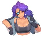  black_gloves black_sports_bra breasts cleavage closed_mouth cropped_jacket cropped_torso dark-skinned_female dark_skin eyepatch gloves hand_up head_tilt jacket large_breasts league_of_legends long_hair looking_at_viewer mole mole_above_mouth one_eye_covered open_clothes open_jacket pepper0 purple_eyes purple_hair samira short_sleeves simple_background smile sports_bra tan upper_body white_background 