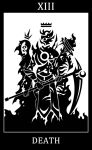 2015 all-death_(scp_foundation) black_and_white black_border border card death_(tarot) digital_drawing_(artwork) digital_media_(artwork) elemental_creature elemental_humanoid english_text fire fire_creature fire_humanoid great_death_(scp_foundation) group humanoid major_arcana male monochrome roman_numeral scp_foundation silhouette simple_background small_death_(scp_foundation) sunnyclockwork tarot_card text three_brothers_of_death trio white_background white_text