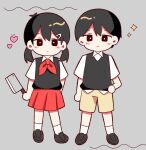  1boy 1girl arm_behind_back black_footwear black_hair black_vest blush_stickers brown_eyes chibi cleaver closed_mouth collared_shirt expressionless genderswap genderswap_(mtf) grey_background hair_between_eyes hand_on_own_hip heart holding_cleaver hoshidashiki looking_at_viewer mob_face neckerchief omori pleated_skirt red_neckerchief red_skirt shirt short_hair short_twintails shorts simple_background skirt smile socks sparkle sunny_(omori) twintails vest white_shirt white_socks yellow_shorts 