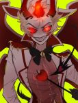  1boy apple blonde_hair colored_sclera demon demon_boy demon_horns demon_tail evil_grin evil_smile food fruit grin hazbin_hotel horns kai_tms looking_at_viewer lucifer_(hazbin_hotel) red_sclera sharp_teeth slit_pupils smile solo suit tail teeth white_headwear yellow_eyes 