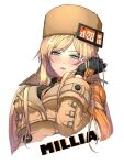  1girl arm_scarf black_gloves blonde_hair blue_eyes blush breasts brown_coat coat ebi_pri_shrimp fingerless_gloves fur_hat gloves guilty_gear guilty_gear_strive hat large_breasts long_hair long_sleeves looking_at_viewer millia_rage yellow_headwear 