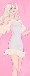  blonde_hair blue_eyes dress highres non-web_source pink_background short_dress white_dress 