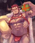 1boy abs agielba bara bare_pectorals bulge carrying_over_shoulder chest_harness chest_tattoo christmas cow_boy cow_horns cowboy_shot draph facial_hair gift goatee granblue_fantasy harness highres holding holding_gift horns jockstrap large_pectorals long_sideburns looking_at_viewer male_focus male_underwear mature_male muscular muscular_male navel night night_sky nipples no_pants o-ring o-ring_top onionworkshop paid_reward_available pectorals red_male_underwear short_hair sideburns sky smile solo stomach stubble tattoo thick_thighs thighs underwear 