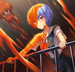  1girl ayanami_rei black_background blue_hair blue_skirt blush bow bowtie breasts closed_mouth collared_shirt commentary dress_shirt gradient_background hair_between_eyes hand_on_railing highres lcl leaning_forward light_smile looking_ahead medium_breasts motion_blur neck_ribbon neon_genesis_evangelion orange_background paint paint_in_hair paint_on_body paint_on_clothes paint_splatter paint_splatter_on_face railing red_bow red_bowtie red_eyes red_ribbon ribbon school_uniform shirt short_hair short_sleeves skirt smile solo splatoon_(series) squid suspender_skirt suspenders tokyo-3_middle_school_uniform upper_body white_shirt yahha 