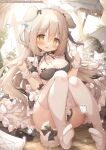  1girl animal_ears breasts bucket bucket_of_water dog_ears dog_girl dog_tail holding holding_mop maid maid_headdress momozu_komamochi mop oppai_loli original slipping soles solo tail thighhighs thighs wet_floor white_thighhighs 