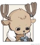  1boy ani3nrtm antlers black_eyes close-up commentary_request drinking drinking_straw drinking_straw_in_mouth holding horns male_focus no_headwear one_piece reindeer_antlers solo tony_tony_chopper towel towel_around_neck twitter_username 