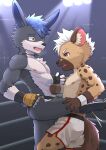 anthro athletic athletic_male band-aid bandage bodily_fluids clothed clothing drooling duo fight fighting_ring guran_demoneko hi_res hyena lagomorph leporid male male/male mammal punch rabbit saliva sweat tears topless