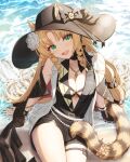  1girl animal_ears arknights artist_name bare_shoulders black_headwear blonde_hair breasts cat_ears cat_girl cat_tail cleavage commentary_request drill_hair drill_sidelocks ears_through_headwear fang green_eyes hat long_hair looking_at_viewer medium_breasts official_alternate_costume open_mouth shironekoban sidelocks sitting slit_pupils solo sun_hat swire_(arknights) swire_the_elegant_wit_(arknights) tail twitter_username very_long_hair watermark 
