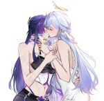  2girls acheron_(honkai:_star_rail) bare_arms bare_shoulders blue_hair closed_eyes commentary crop_top dress glaciel halo head_wings honkai:_star_rail honkai_(series) kiss midriff multiple_girls multiple_scars purple_hair robin_(honkai:_star_rail) scar scar_on_arm simple_background upper_body white_background white_dress wings yuri 