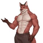  1boy abs absurdres animal_ears brown_pants echo_project english_commentary fangs fox_boy fox_ears fox_tail furry furry_male green_eyes highres looking_at_viewer male_focus murdoch_byrnes_(the_smoke_room) muscular muscular_male open_mouth pants pectorals pinstripe_pants pinstripe_pattern smile tail the_smoke_room tigre_(raytig12) topless_male whiskers white_background 
