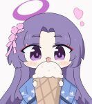  1girl animated animated_gif blue_archive blue_kimono blush_stickers chibi commentary_request eating fang food hair_ornament halo heart holding_ice_cream_cone ice_cream japanese_clothes kimono long_hair long_sleeves looking_at_viewer parted_bangs purple_eyes purple_hair purple_halo skin_fang solo tongue tongue_out umihio upper_body yukari_(blue_archive) yukata 