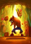  2015 activision aku-aku anthro box clothing crash_bandicoot crash_bandicoot_(series) detailed_background duo footwear fur looking_back male mammal marsupial mask ry-spirit signature video_games 