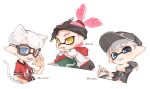  3boys baseball_cap black-framed_eyewear black_bow black_hairband black_shirt black_shorts blue_eyes bow claw_pose commission drink drinking_straw explosher_(splatoon) fake_tail glasses grey_headwear hairband hat heterochromia highres holding holding_drink inkling_boy inkling_player_character looking_back multiple_boys open_mouth pink_hair pointy_ears print_shirt red_eyes red_shirt sharp_teeth shirt short_hair shorts simple_background smile spl8ya splatoon_(series) splatoon_2 tail teeth tentacle_hair upper_body white_background white_hair yellow_eyes 