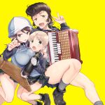  3girls absurdres accordion aki_(girls_und_panzer) ankle_boots arm_around_shoulder black_footwear black_skirt blue_headwear blue_jacket boots brown_eyes brown_hair commentary floating frown girls_und_panzer gloves green_eyes grey_socks hair_tie hat highres holding holding_instrument instrument jacket kantele keizoku_military_uniform knee_up koyama_harutarou legs_up light_brown_hair long_hair long_sleeves looking_at_viewer low_twintails mika_(girls_und_panzer) military_uniform miniskirt multiple_girls open_mouth pleated_skirt pompadour raglan_sleeves short_hair short_twintails skirt smile socks tank_shell textless_version track_jacket tulip_hat twintails uniform white_gloves yellow_background yuri_(girls_und_panzer) 