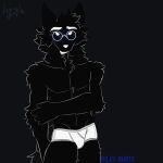 absurd_res anthro black_body black_fur blue_blush blush bodily_fluids briefs canid canine canis cerberussenn clothed clothing demon eyebrows eyewear fur glasses hi_res hybrid male mammal miles_morte_(cerberussenn) mouthless outline shadow_creature signature simple_eyes slim solo sweat tighty_whities underwear underwear_only white_briefs white_clothing white_eyebrows white_eyes white_nose white_underwear