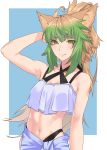  1girl ahoge animal_ears arm_behind_head atalanta_(fate) bangs bare_shoulders blonde_hair blue_background blush border breasts cat_ears closed_mouth collarbone criss-cross_halter crop_top crop_top_overhang fate/apocrypha fate_(series) green_eyes green_hair halterneck highres hikichi_sakuya long_hair looking_at_viewer multicolored_hair navel ponytail simple_background small_breasts smile two-tone_hair white_border 