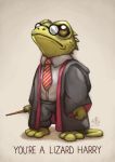  2018 3_toes alternate_species anthro barefoot clothing english_text eyewear glasses gloves handwear harry_potter harry_potter_(character) lizard male necktie reptile robe ry-spirit scalie signature simple_background solo text toes wand 