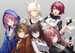  6+girls ;d ahoge animal_ear_fluff animal_ears arknights black_gloves black_jacket black_ribbon blue_eyes blue_jacket blue_poison_(arknights) breasts brown_eyes brown_hair brown_jacket cellphone character_request closed_mouth collarbone collared_shirt commentary_request dress_shirt exusiai_(arknights) fingerless_gloves gloves goggles goggles_on_head grey_background grey_eyes grey_shirt hair_over_shoulder half-closed_eye halo hand_up head_wings holding holding_phone hood hood_up hooded_jacket horse_ears jacket kureneko long_hair low_twintails multiple_girls nail_polish neck_ribbon one_eye_closed one_side_up orange_eyes parted_lips phone pink_hair pink_nails platinum_(arknights) red_hair ribbon shirt simple_background small_breasts smile tank_top twintails wavy_mouth white_hair white_jacket white_shirt white_tank_top wings 