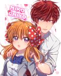  1boy 1girl :o blue_bow blue_bowtie bow bowtie character_name earrings food fruit gekkan_shoujo_nozaki-kun hair_bow highres jewelry kameron long_hair looking_at_viewer mikoshiba_mikoto pocket polka_dot polka_dot_bow purple_eyes red_bow red_eyes red_hair sakura_chiyo school_uniform short_hair sparkle strawberry stud_earrings upper_body 