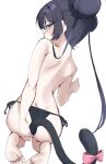  1girl absurdres anal_tail ass bare_shoulders barefoot black_hair black_panties blue_archive blurry blush butt_crack depth_of_field double_bun fake_tail full_body gen_(unzzenasd) grey_eyes hair_bun highres kisaki_(blue_archive) kneeling long_hair looking_at_viewer looking_back panties side-tie_panties sidelocks simple_background solo tail toes topless twintails underwear white_background 