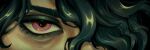  1boy absurdres black_eyeliner black_eyeshadow black_hair close-up eye_focus eyeliner eyeshadow hair_over_one_eye highres hwei_(league_of_legends) league_of_legends long_hair looking_at_viewer makeup red_eyes straight-on yangioh 