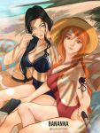  2girls arm_tattoo bikini black_hair blue_eyes book hat highres holding holding_book long_hair looking_at_viewer multiple_girls nami_(one_piece) nico_robin one-piece_swimsuit one_piece orange_eyes orange_hair sitting smile sunglasses swimsuit taking_picture tattoo twitter_username uplus1f34c 