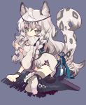  1girl animal_ears animal_print arknights bell boots braid commentary_request eyebrows_visible_through_hair fur-trimmed_boots fur_trim grey_background grey_eyes grey_hair grey_legwear high_heel_boots high_heels leopard_ears leopard_print leopard_tail long_hair looking_at_viewer peroppafu pramanix_(arknights) simple_background sitting solo tail thighhighs turtleneck twin_braids wariza wristband 