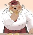  2020 anthro apron blush bottomwear bread brown_body brown_fur clothing eating eyes_closed food fur hat headgear headwear hi_res humanoid_hands hyaku_(artist) japanese_text kemono male mammal overweight overweight_male pants shirt solo text topwear ursid 