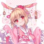  1girl absurdres animal_ears bangs blonde_hair braid breasts bunny_ears closed_mouth eyebrows_visible_through_hair floral_print flower hair_between_eyes hair_flower hair_ornament head_tilt heart heart-shaped_pupils highres japanese_clothes kimono lamp looking_at_viewer medium_breasts original pink_kimono red_eyes sleeves_past_wrists smile solo symbol-shaped_pupils upper_body wide_sleeves yaya_chan yukata 