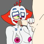  breasts clown cum cum_on_body cum_on_breasts fellatio green_eyes highres killer_klowns_from_outer_space large_breasts nipples non-web_source nude oral orange_hair penis slim_(killer_klowns) 