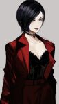  1girl ada_wong black_hair bow bowtie breasts brown_eyes jacket meow_(cindy738) red_jacket resident_evil ribbon short_hair simple_background smile solo white_background 