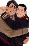  2boys absurdres bandage_on_face bandages belt black_hair blush brown_belt cheek-to-cheek facial_hair goatee_stubble golden_kamuy grin heads_together heart highres hug koito_otonoshin long_sleeves looking_at_viewer male_focus military_uniform multiple_boys short_hair simple_background smile sparkle stubble thick_eyebrows ton_(ton19130318) tsukishima_hajime uniform white_background yaoi 